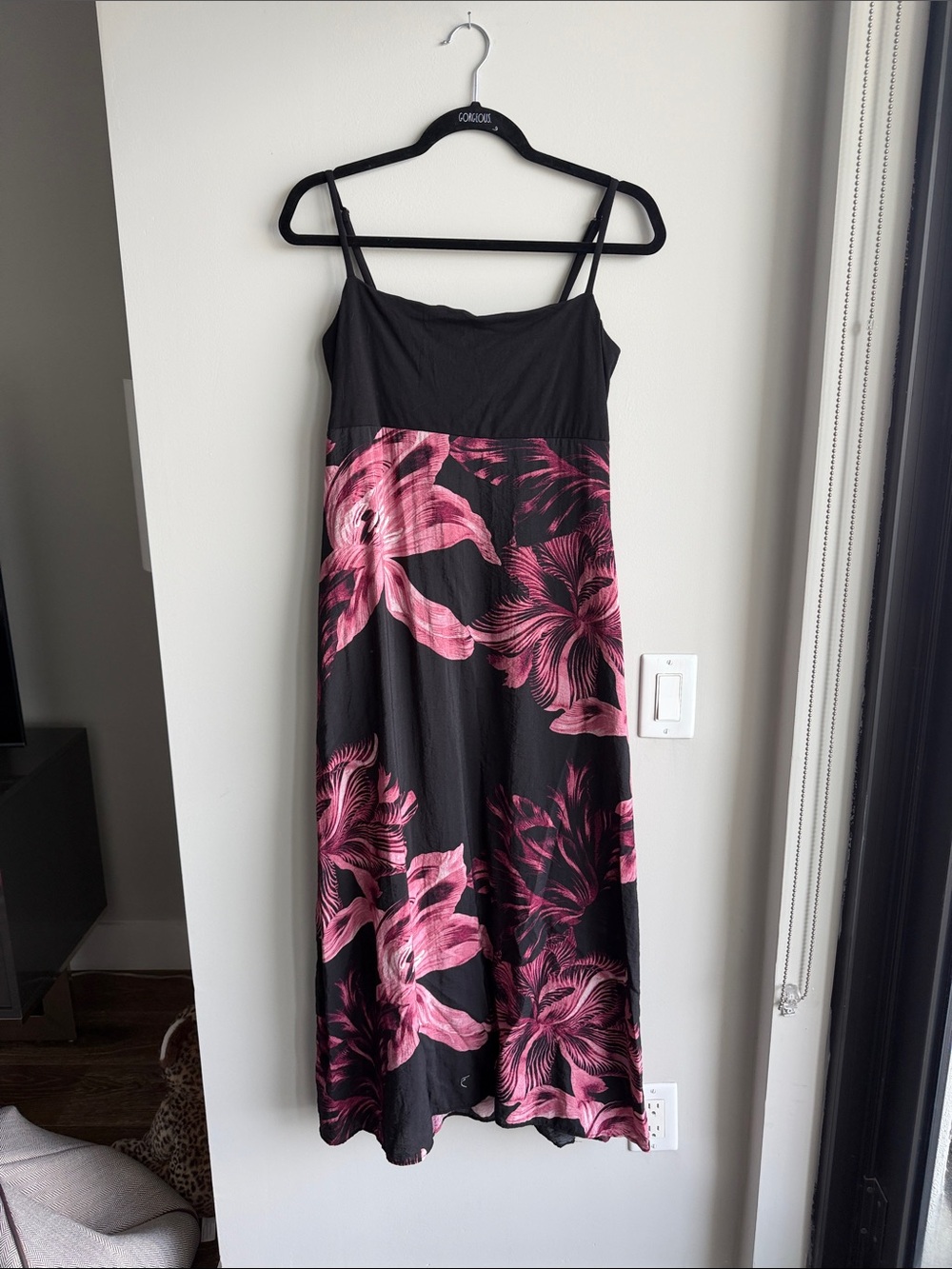 LOFT Black Maxi Dress with Pink Floral Print and Spaghetti Straps